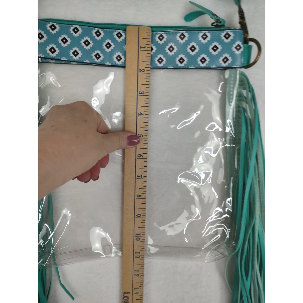 Clear PVC Fringe Crossbody Bag Teal Southwest Geometric Stadium Approved Purse - Picture 2 of 5